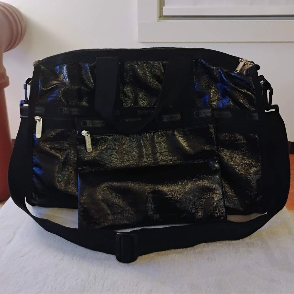 LeSportsac Small Patent Black Weekender Duffle Bag and Matching Pouch